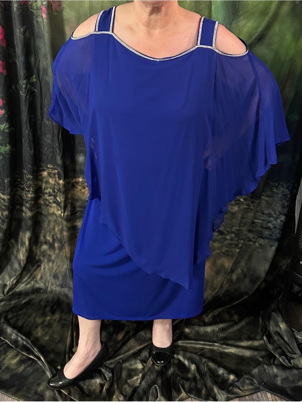 Glamour Nights 22W Royal Blue Cold-Shoulder Chiffon Overlay bodycon Dress.